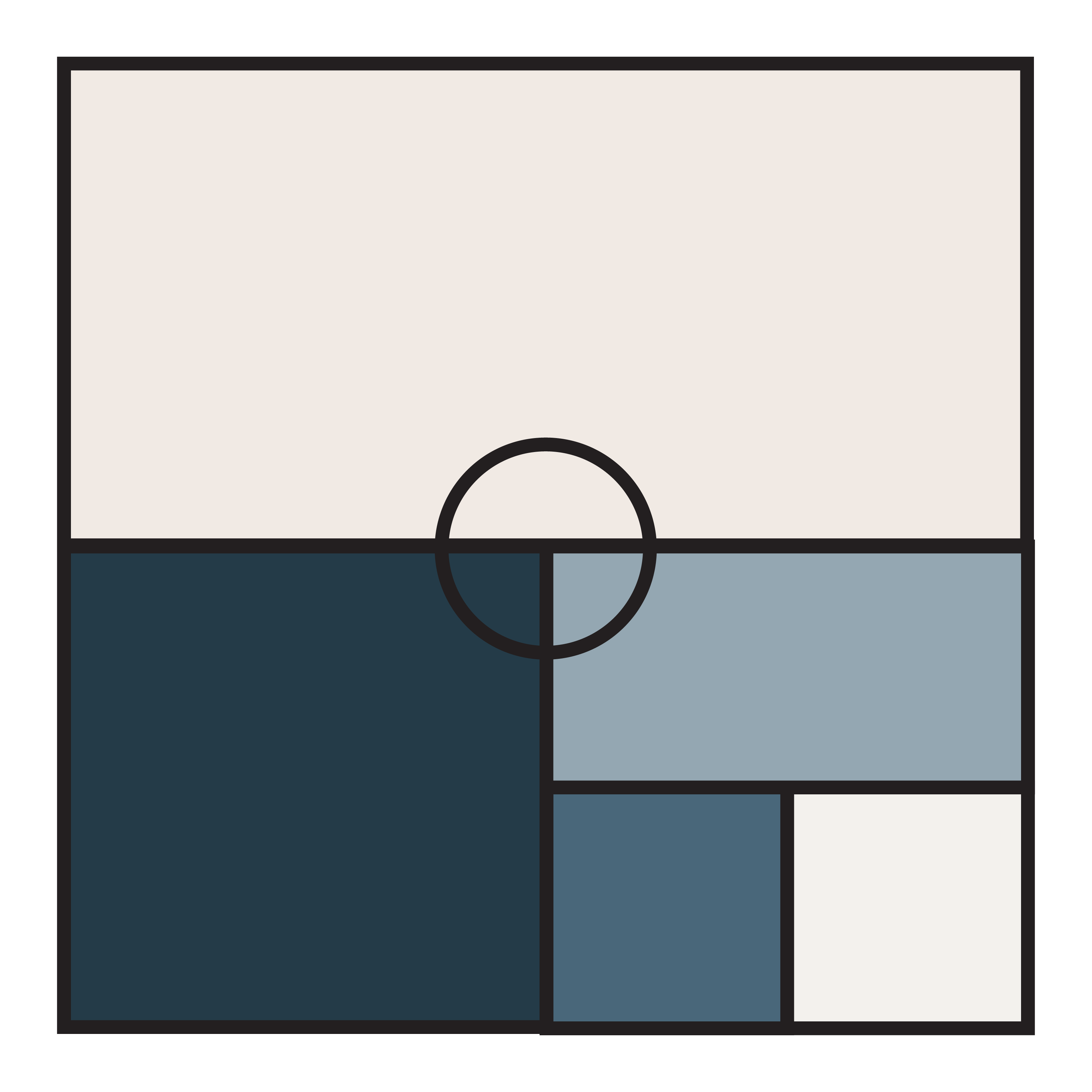 A geometric design with rectangles in cream, dark teal, light blue, and white, intersected by a circle in the center.
