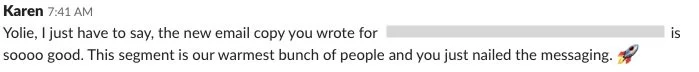 Email copywriting feedback via Slack from a colleague
