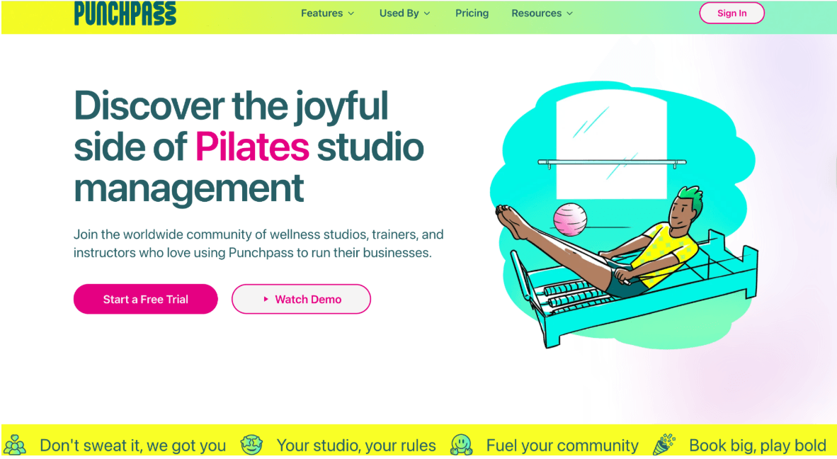 Punchpass homepage features colorful text, a person doing Pilates on a bed, plus Start a Free Trial and Watch Demo buttons.