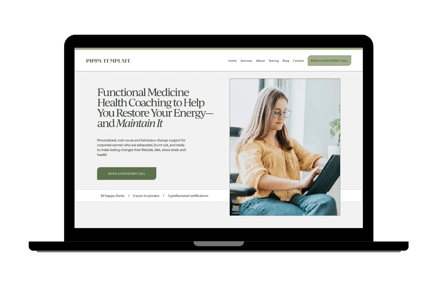 Screenshot of a website homepage for PIPPA TEMPLATE, offering functional medicine health coaching, featuring a photo of a woman in glasses using a tablet and a green button labeled 'Book a Discovery Call'.