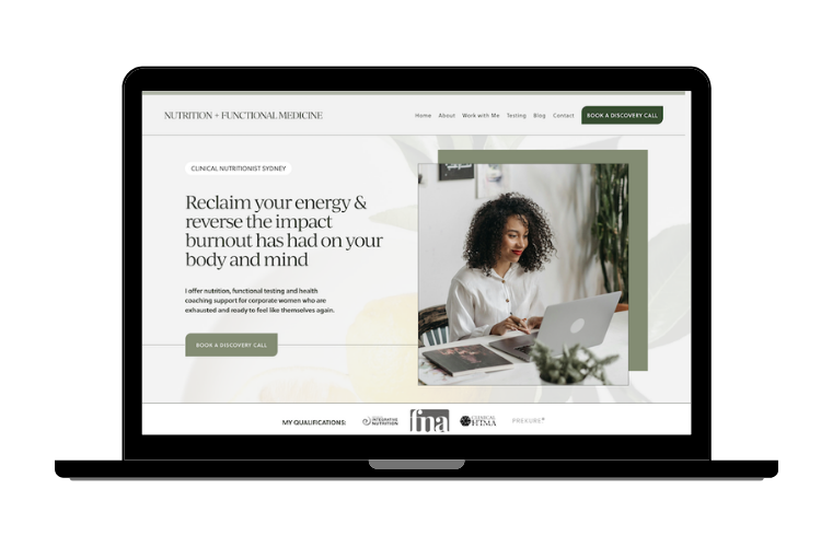 Screenshot of a Squarespace website template for nutritionists with a grey, white and green colour palette, authority banner and calls to action.