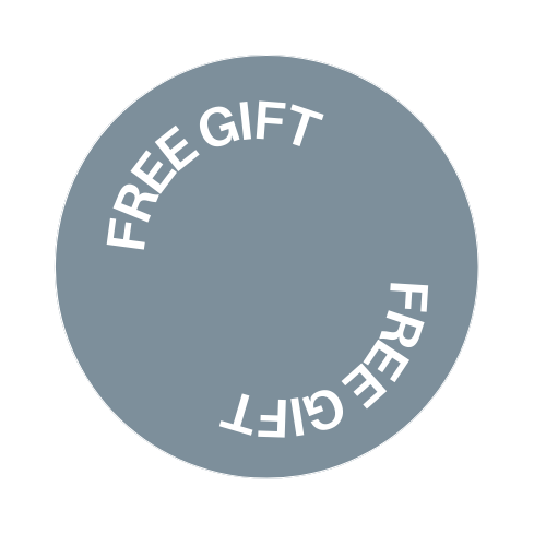 A gray circle with "FREE GIFT" in white, curved twice along the circle’s edge.