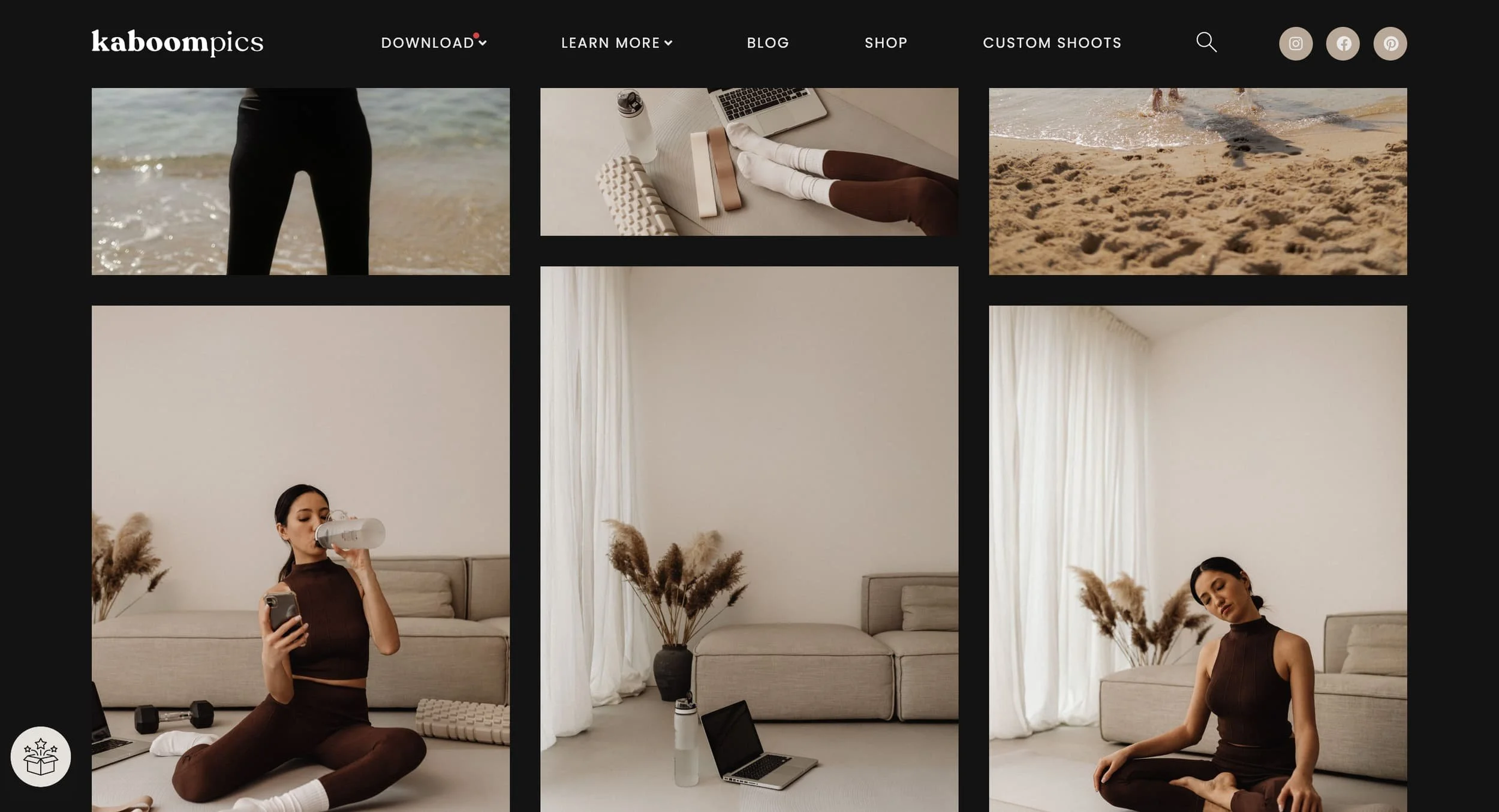Woman in brown workout clothes with water bottle and phone, sitting on mat in minimal living room with pampas grass and beige sofa.