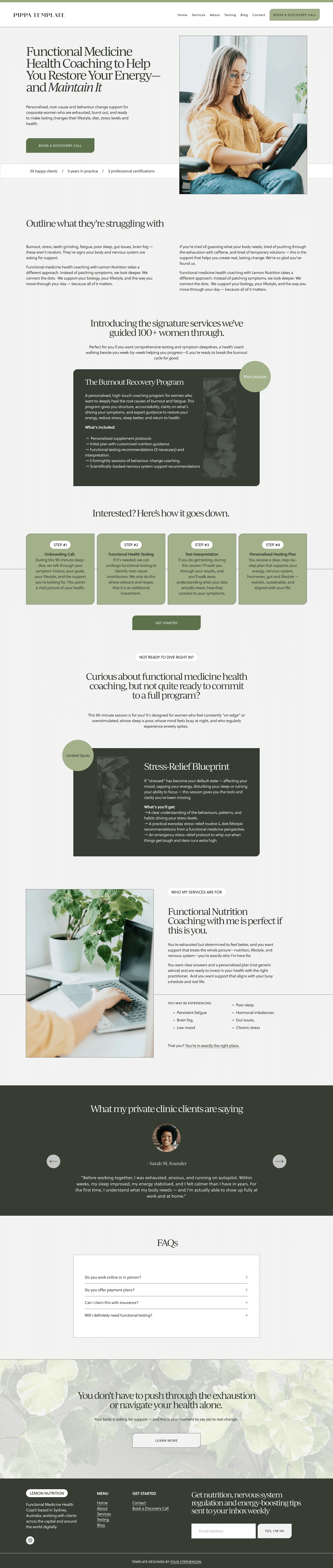 Screenshot of a nutritionist website featuring images of the founder and sections about her services, inclusions, and price points.