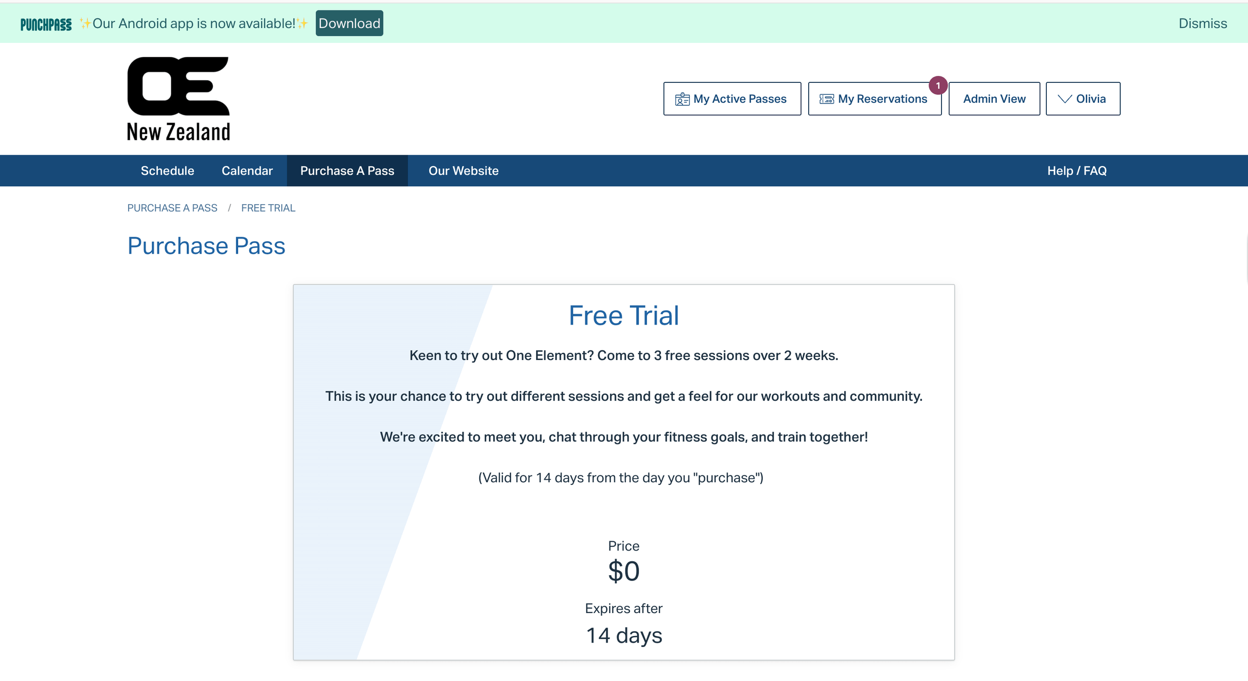 Screenshot of a webpage offering a free trial pass for three sessions over two weeks, with a $0 price and 14-day expiry.