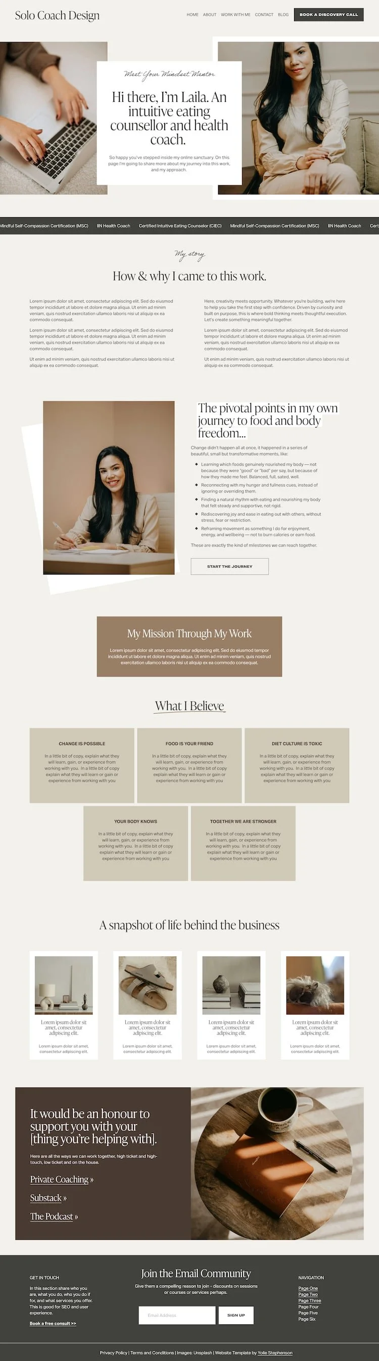 A minimalist Squarespace Template for Health Coaches features a woman at a desk, soft colors, calming photos, and clear text sections.