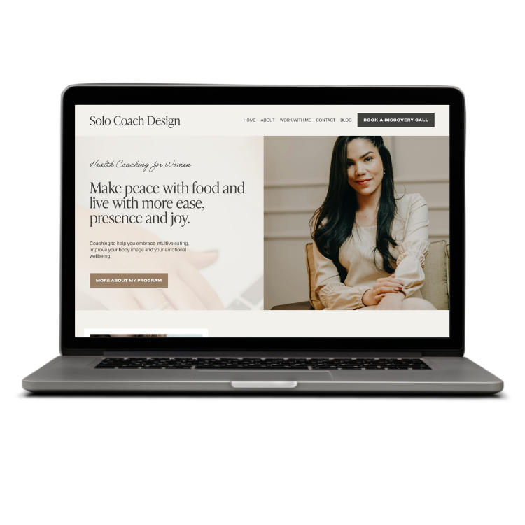 A laptop screen displays a Squarespace website design featuring a smiling female coach and text promoting mindful eating for women.