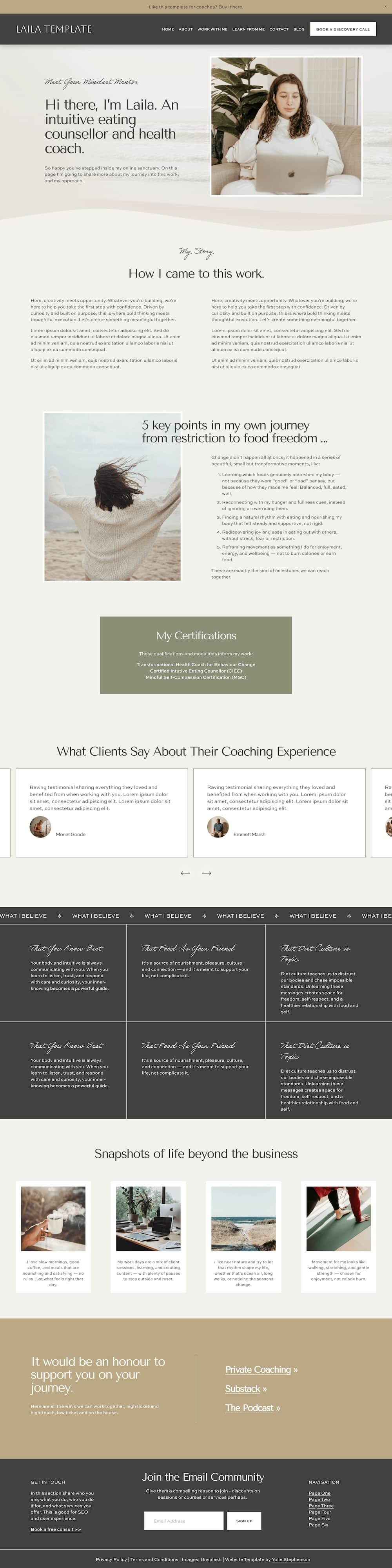 About Page of a Squarespace website template for Health Coaches with sections on values, behind the business, certifications and qualifications, ways I support you, and my story/journey.