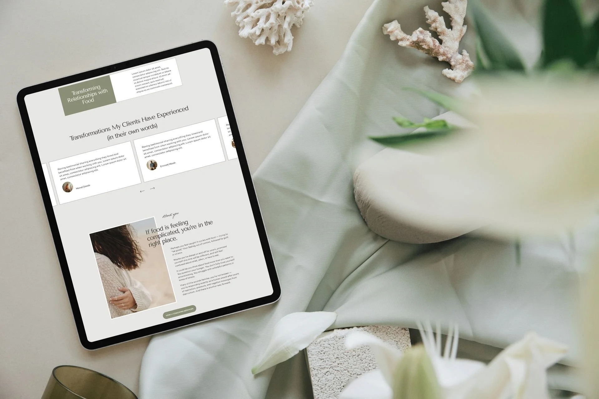 Therapist Squarespace Website Example with soft grey and sage green and white colour palette on an ipad