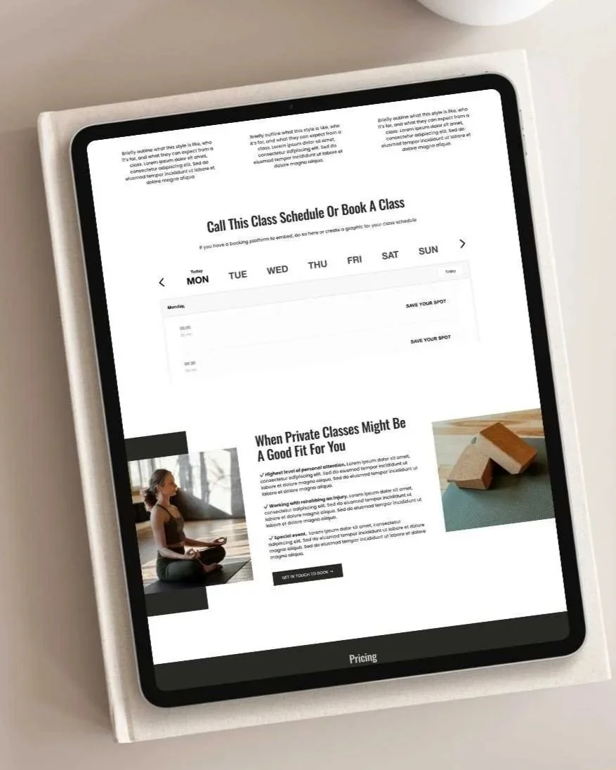 Sales page of a Fitness Professional website design showing the class schedule, class styles, and explaining when private sessions are better