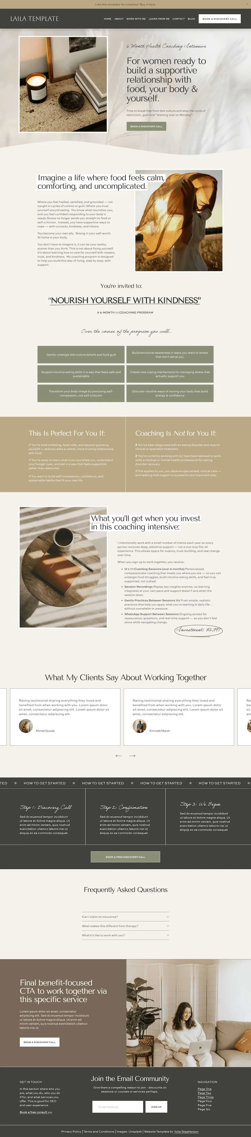 A services page for a health and wellness coaching service targeting women with sections on coaching benefits and inclusions, client testimonials, FAQs, and a call-to-action to book a discovery call.