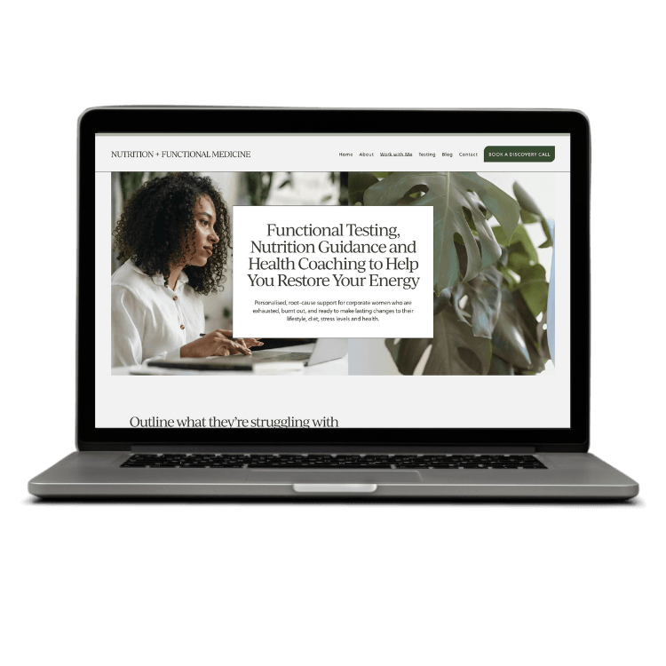 A laptop screen displays a website template for clinical nutrition, featuring a woman with glasses and text about nutrition guidance.