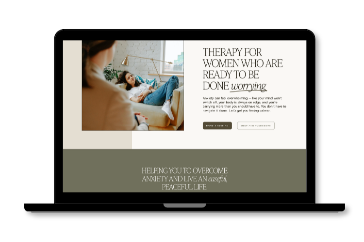 Website homepage offering therapy services for women dealing with anxiety, featuring a photo of a woman relaxing on a sofa and text about overcoming anxiety for a peaceful life.