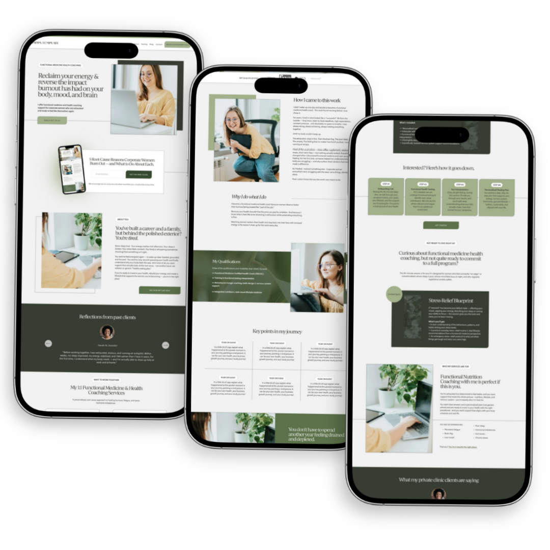 Three smartphones displaying a Squarespace website template for nutritionist with images, text, and a green and white colour scheme.
