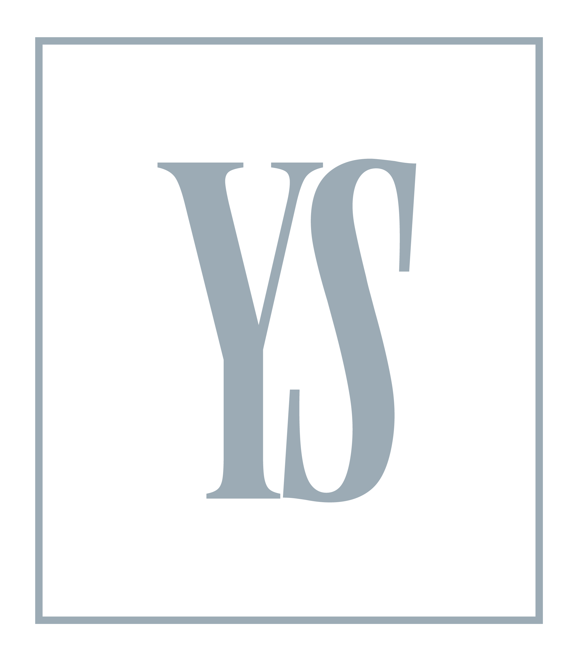 Yolie Stephenson brand monogram, featuring large stylised letters 'Y' and 'S' in gray on a black background within a gray border.