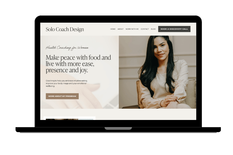 A laptop screen displays a Squarespace website design featuring a smiling female coach and text promoting mindful eating for women.
