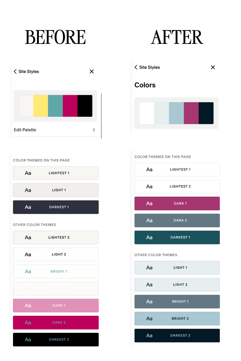 Comparison of Before and After color palette and theme options in the Squarespace style editor interface.