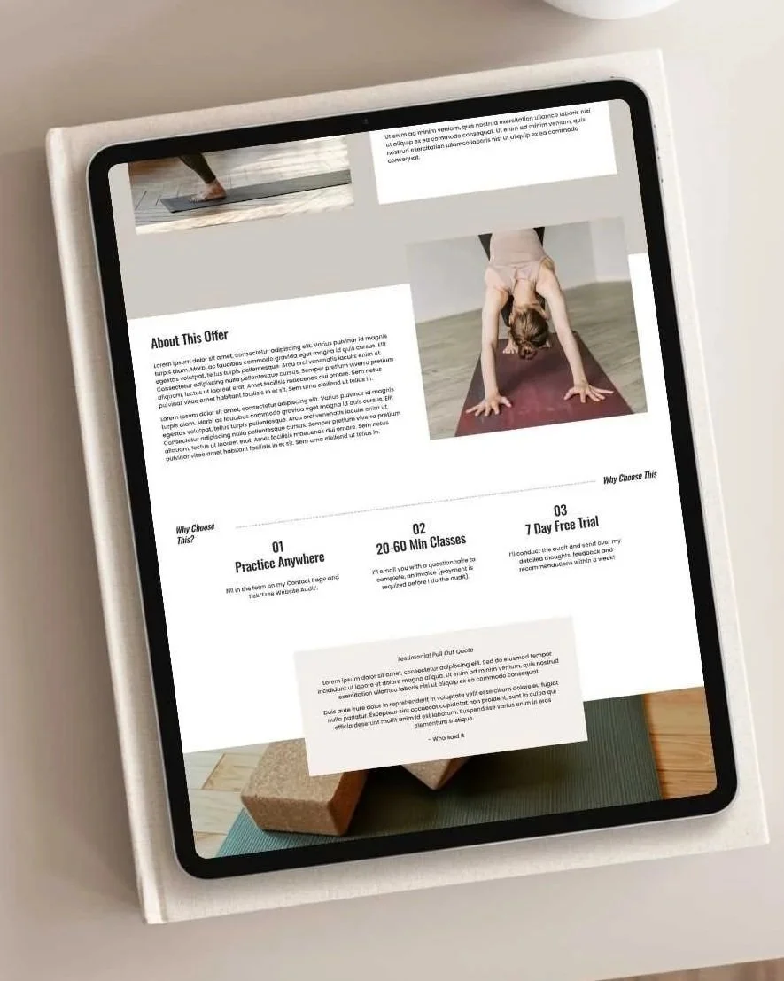Online Classes page of a Pilates Teacher, Fitness Professional or Yoga Teacher outlining their On-Demand Classes Offering with Photo of someone doing downward dog, text boxes and testimonial