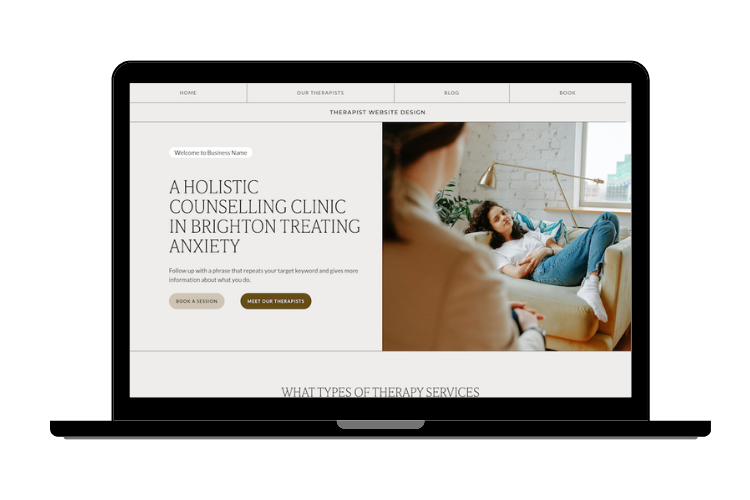 Laptop displaying a Therapist Squarespace Website Template for holistic counselling, with a photo of a therapist and client talking.