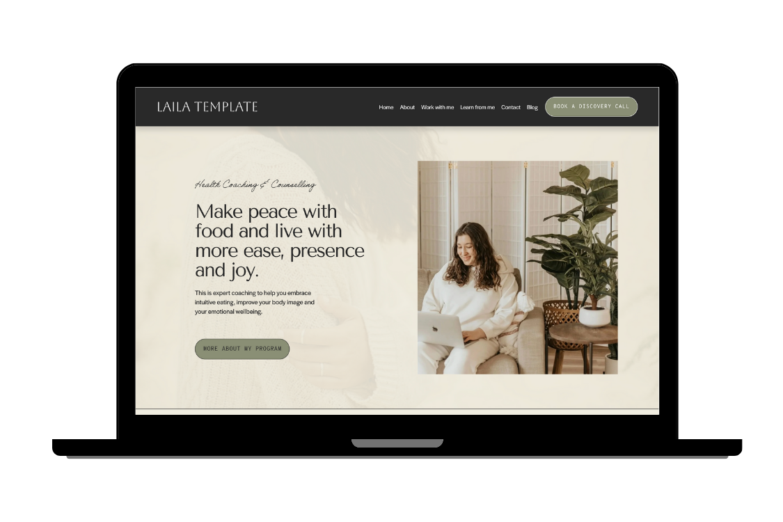 Screenshot of a website homepage for Laila Template, offering health coaching and counseling services. The page features a woman sitting on a beige couch working on a laptop, next to a large potted plant, with navigation menu options at the top and a green button to book a discovery call.