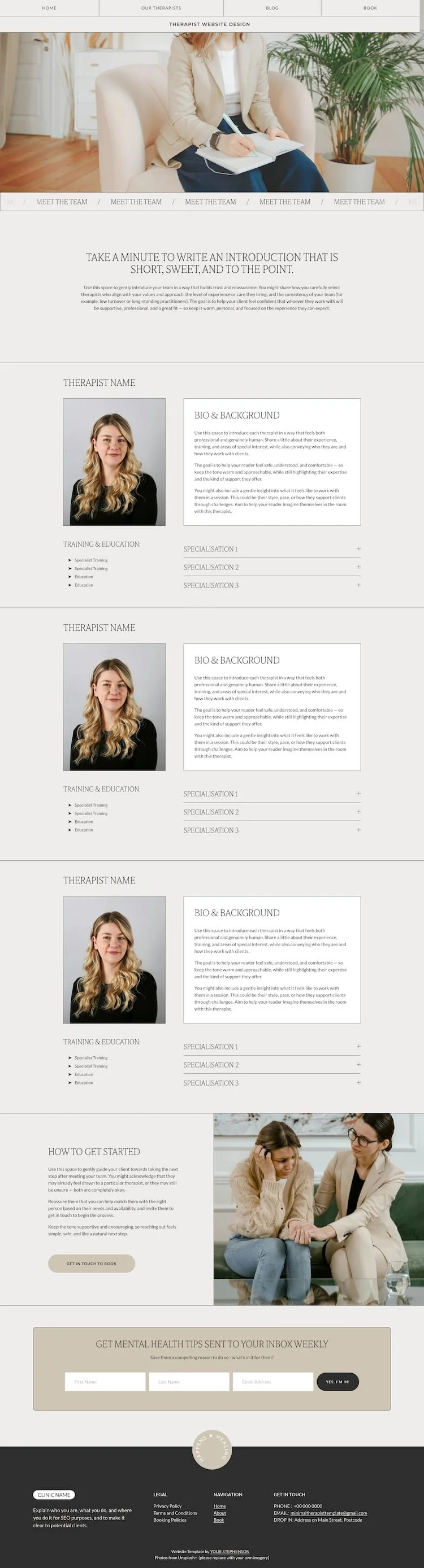 A calming Squarespace Website Template for Therapists featuring female therapists’ portraits, bios, and easy steps to get started.