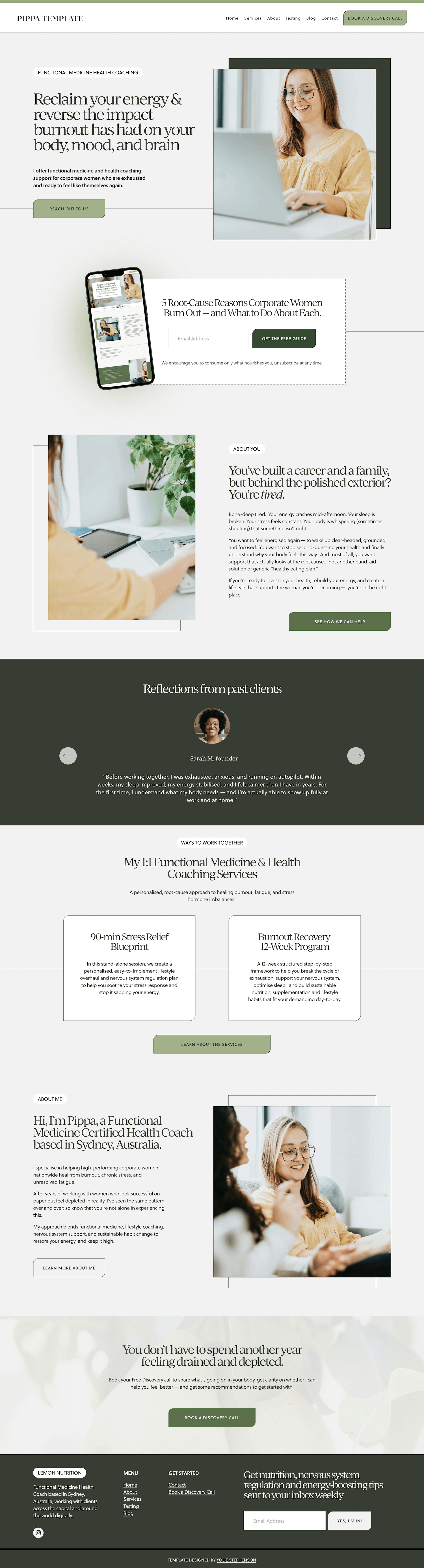 Screenshot of a wellness coaching website homepage featuring images of women using a laptop and working on a tablet, with sections about energy recovery, coaching services, client testimonials, and contact information.