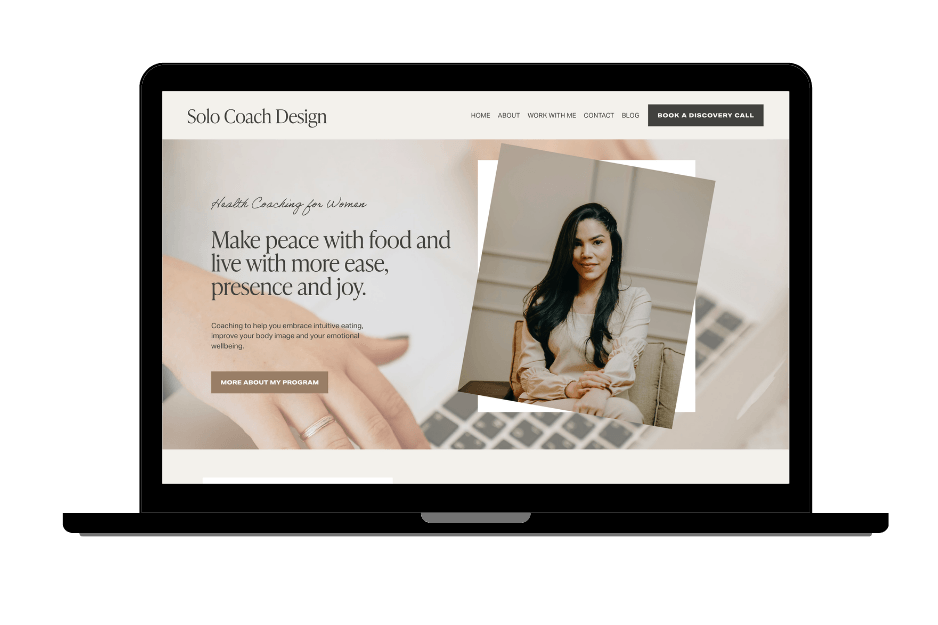 Laptop screen displays a Health Coach Squarespace Template for women, with a portrait and tips on food, ease, presence, and joy.