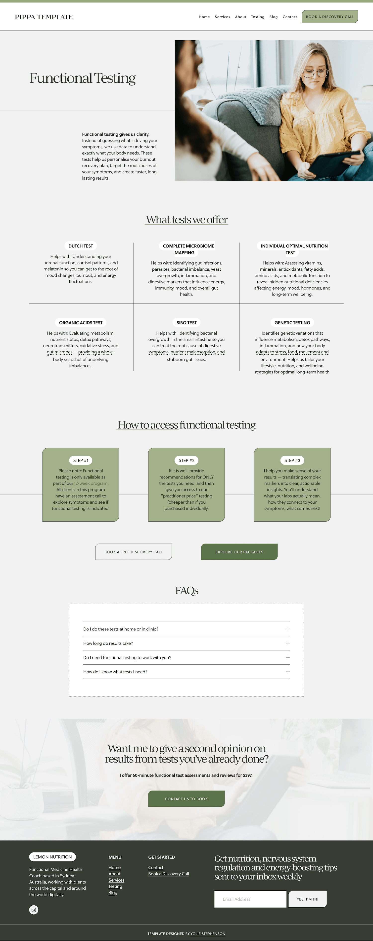 Screenshot of a website for PIPPA TEMPLATE, focused on functional testing services, with a header menu, a main image of a woman and girl sitting on a couch, sections describing tests offered, how to access testing, FAQs, and contact information.