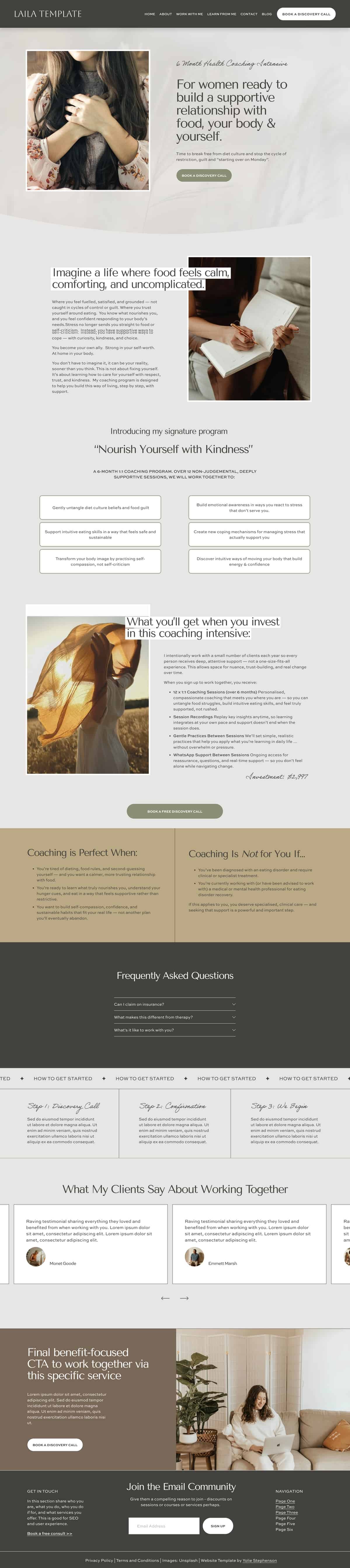 Regenerate alt text copyIconcrossIconBlue A soft, neutral Squarespace Website Template for Health Coach featuring wellness info, testimonials, FAQs, and serene images of women.