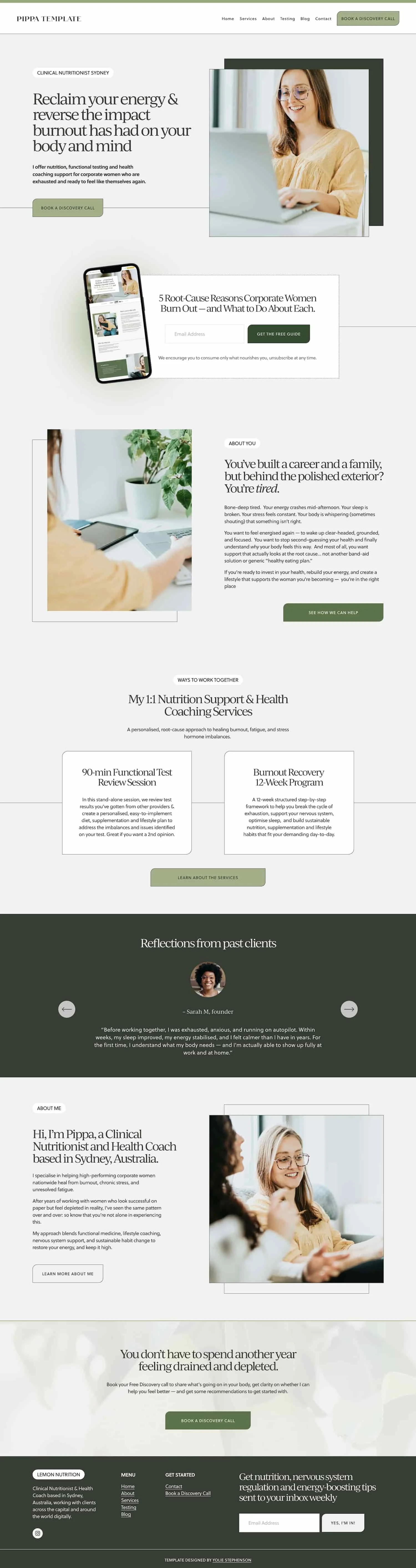 Screenshot of a wellness coaching website homepage featuring images of women using a laptop and working on a tablet, with sections about energy recovery, coaching services, client testimonials, and contact information.