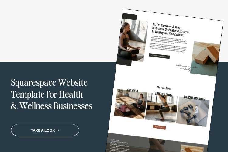 Health and wellness website template shop promote with a screenshot from a yoga teacher website