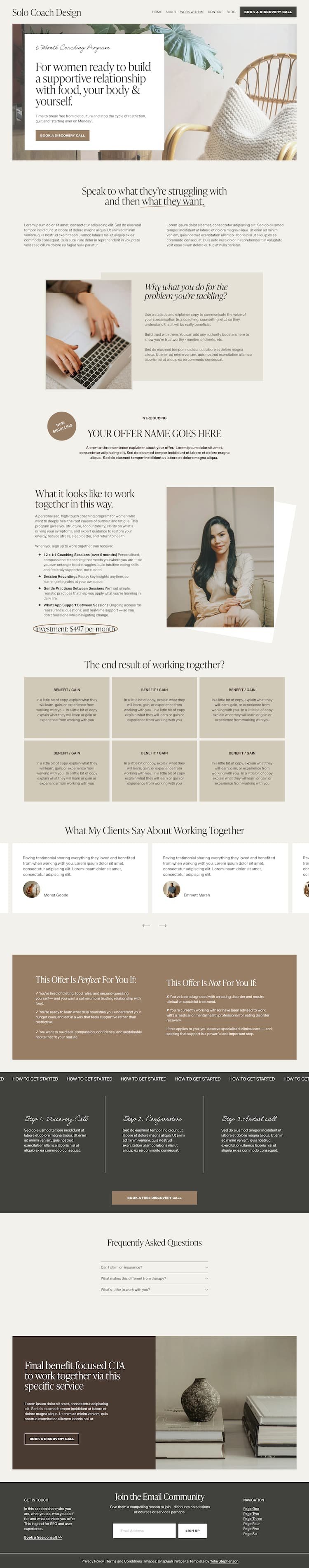 Clean, cohesive, conversion focused health coach website template sales page with marketing sections and final CTA
