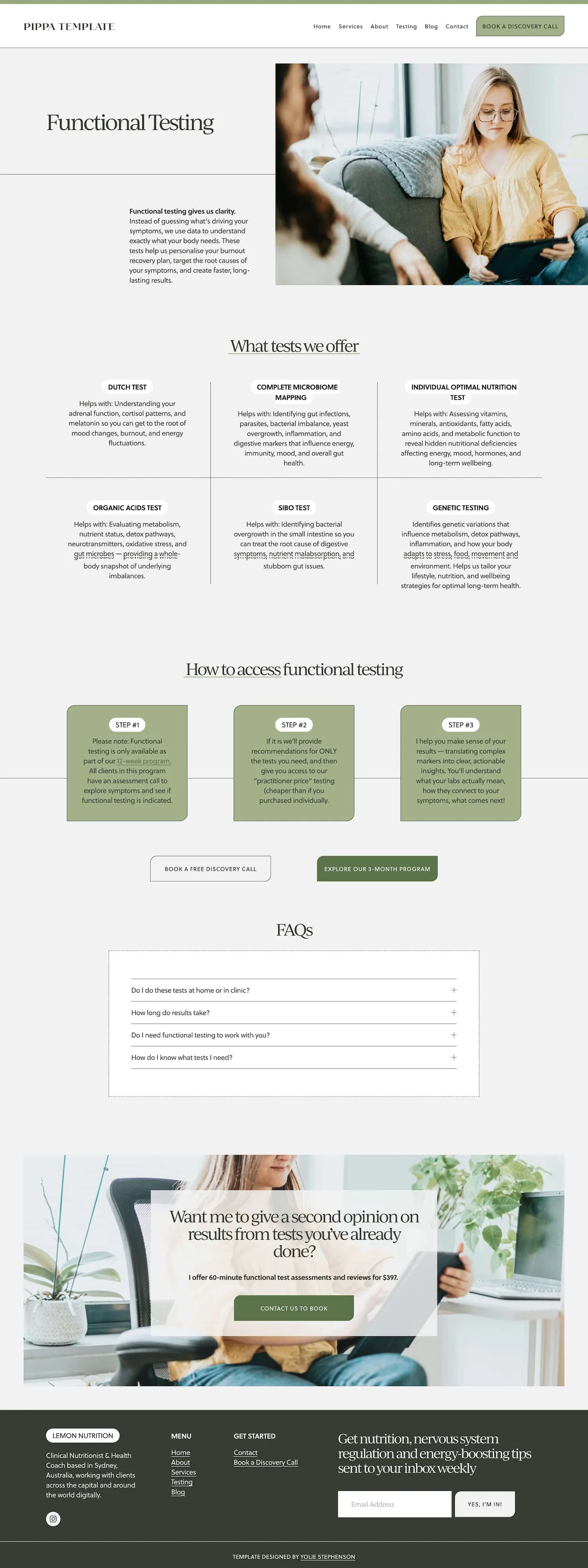 Screenshot of a website for PIPPA TEMPLATE, focused on functional testing services, with a header menu, a main image of a woman and girl sitting on a couch, sections describing tests offered, how to access testing, FAQs, and contact information.