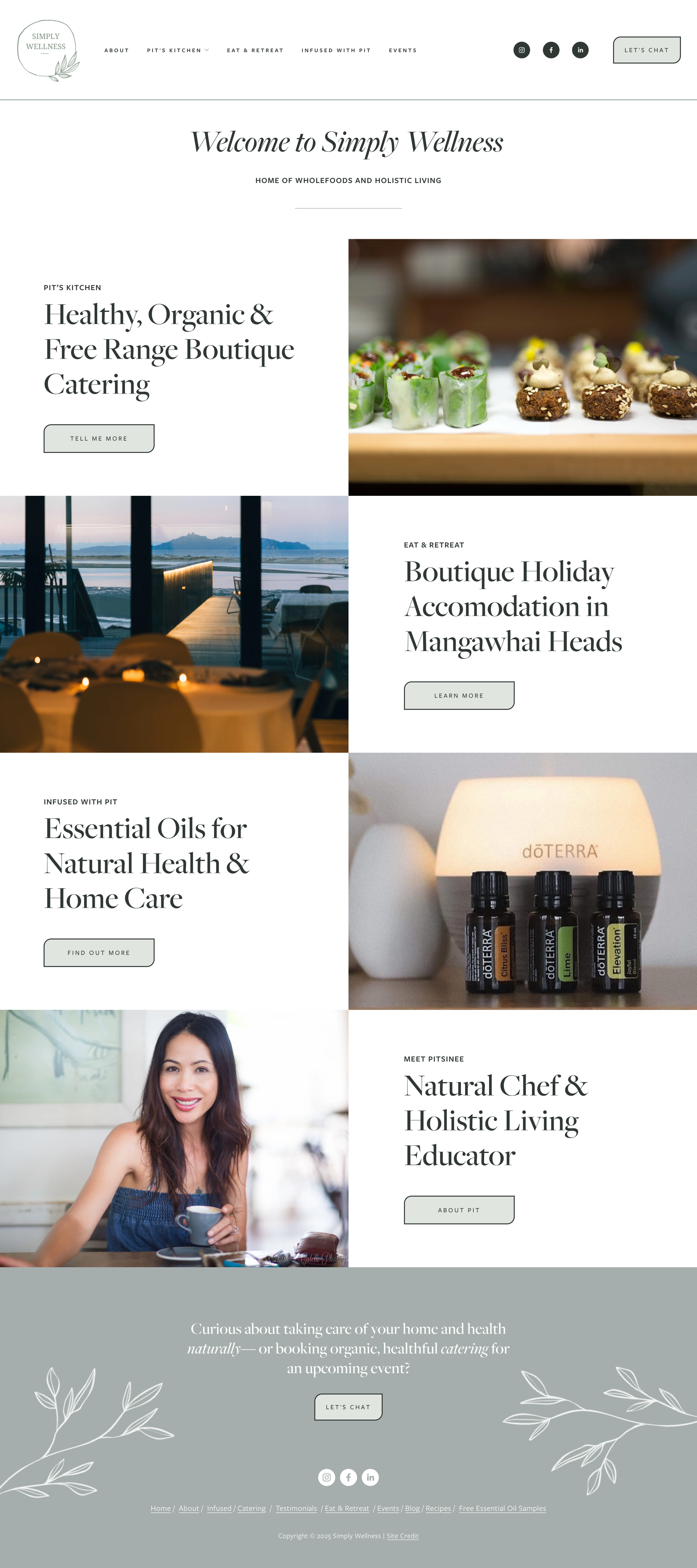 Homepage of Simply Wellness website featuring sections on healthy catering, boutique holiday accommodations, essential oils, and a holistic living educator with images of food, a scenic view, essential oils, and a woman smiling while drinking coffee.