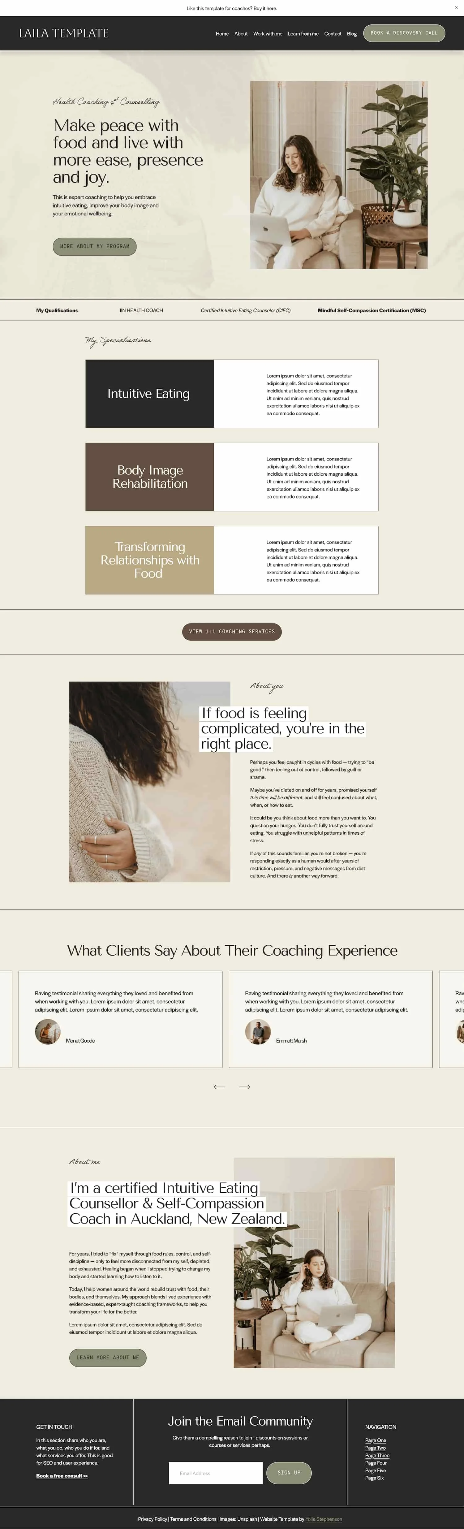 Squarespace Website Design Example for a Health Coach and Intuitive Eating Counsellor with a calming earthy colour palette
