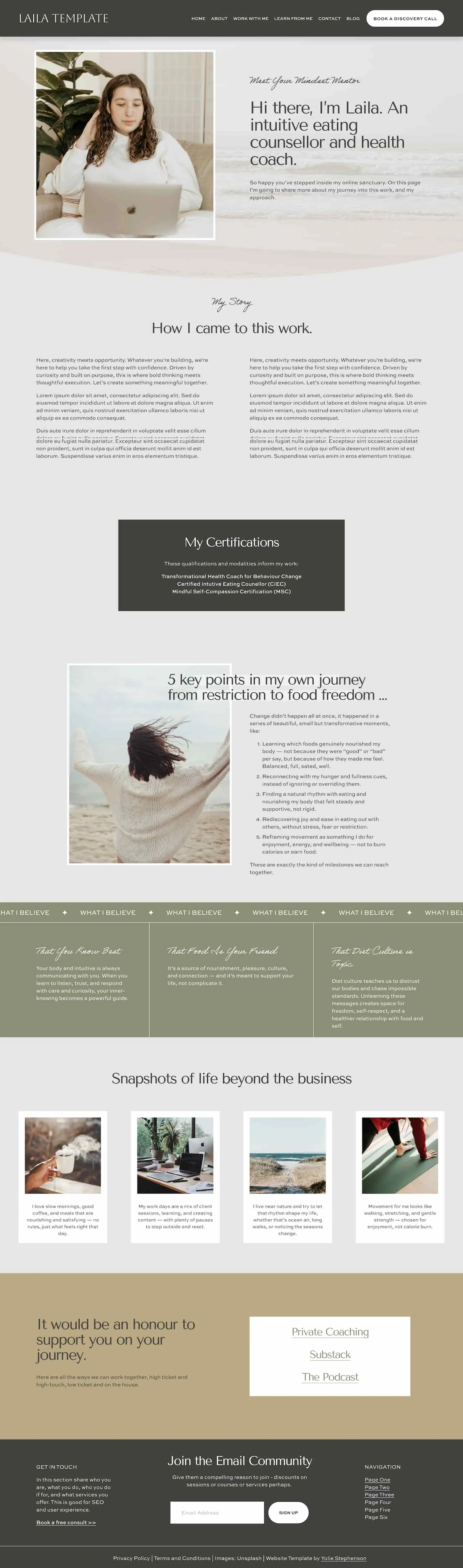 A webpage for a health and wellness coaching service targeting women with sections on coaching benefits, client testimonials, FAQs, and a call-to-action to book a discovery call.