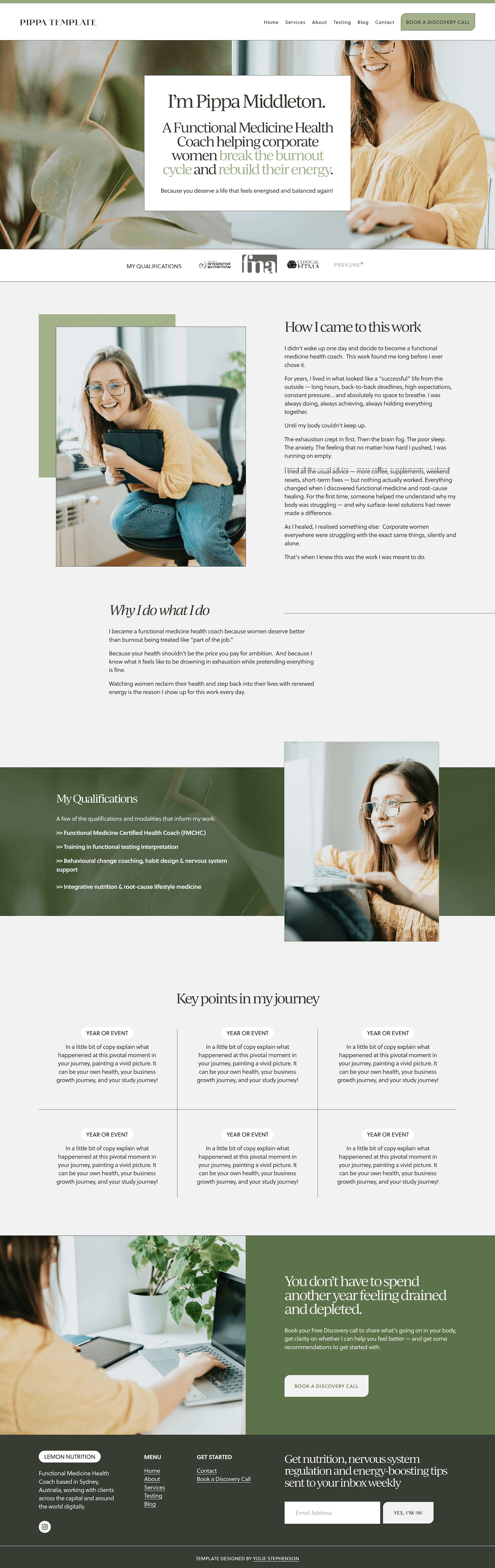 Screenshot of a health coaching website, featuring images of the founder and sections about her journey, qualifications, key points, and contact information.