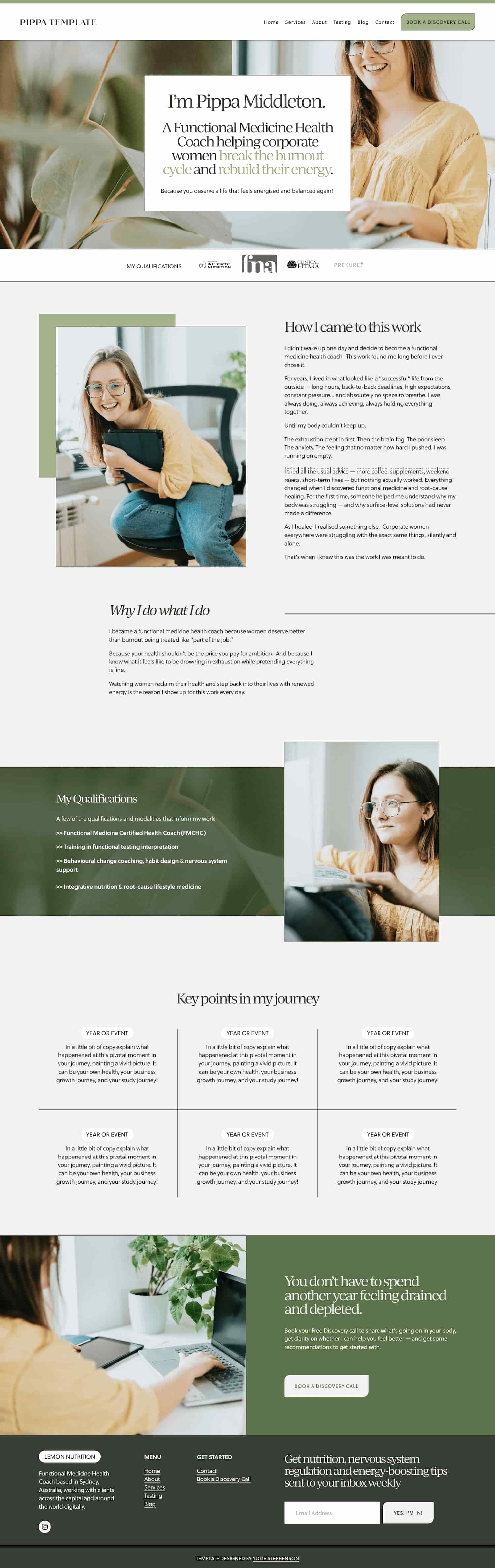 Screenshot of a health coaching website, featuring images of the founder and sections about her journey, qualifications, key points, and contact information.