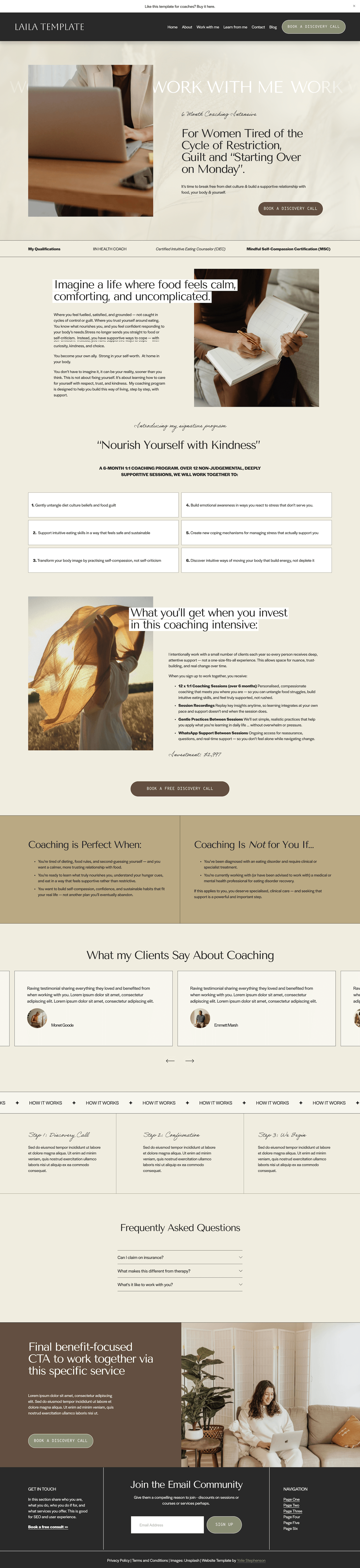 A webpage for a coaching service targeting women with sections on coaching benefits, client testimonials, FAQs, and a call-to-action to book a discovery call.