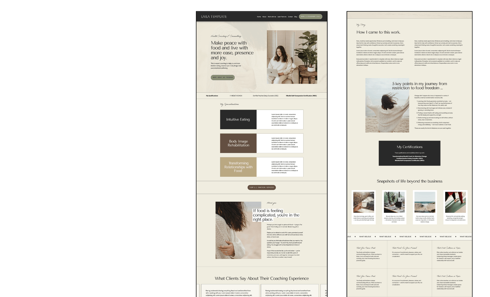 A Squarespace website design for health coach featuring soft beige tones, mindful eating sections, and images of a woman with calming scenes.