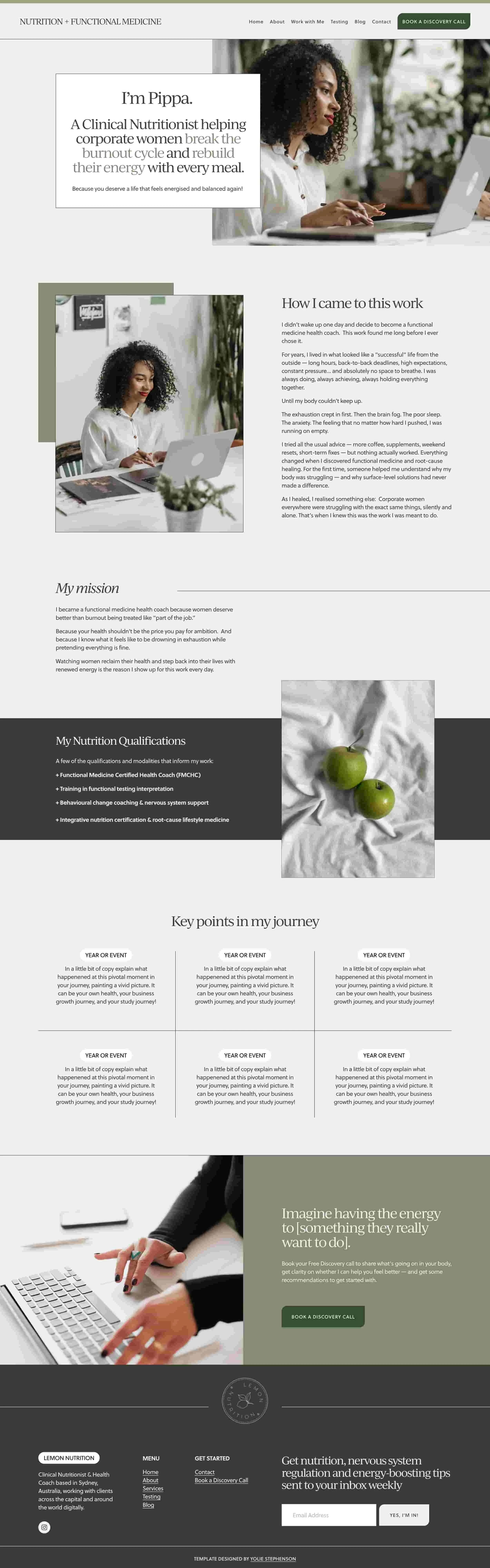 About Page of a Squarespace Website Template for Nutritionists featuring My Story, My Qualifications, My Mission & Key elements from my journey
