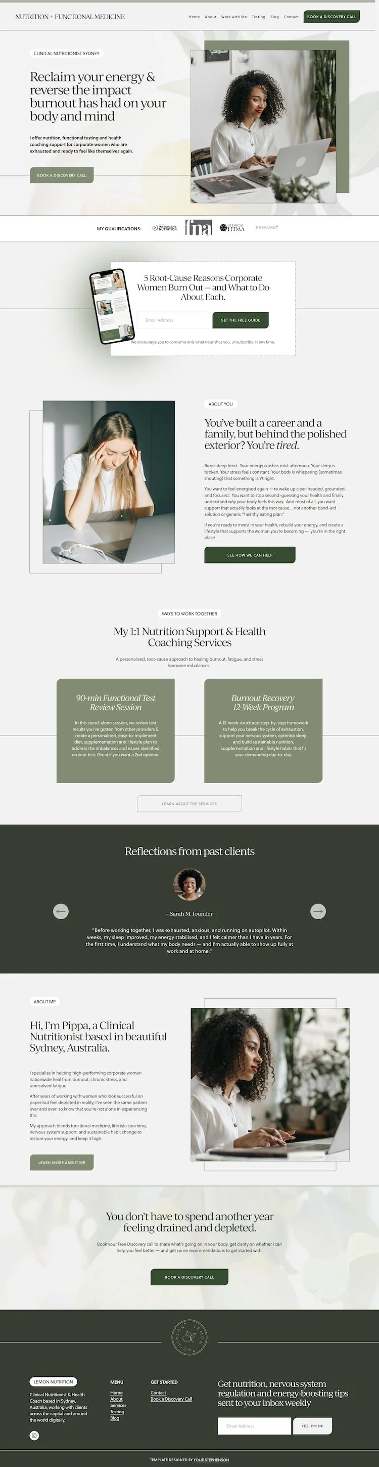 A Nutritionist Squarespace Website Template featuring images of women, testimonials, service details, client reviews, and a phone mockup.