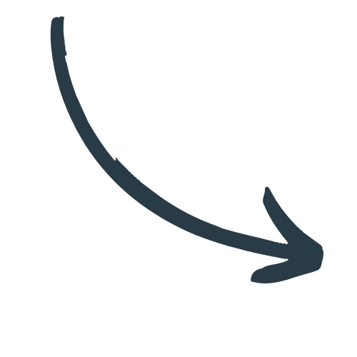 A thick, dark blue curved arrow points down and to the right on a plain white background, point to copy that explains the benefits of expert website copywriting, strategy and design for wellness pros.