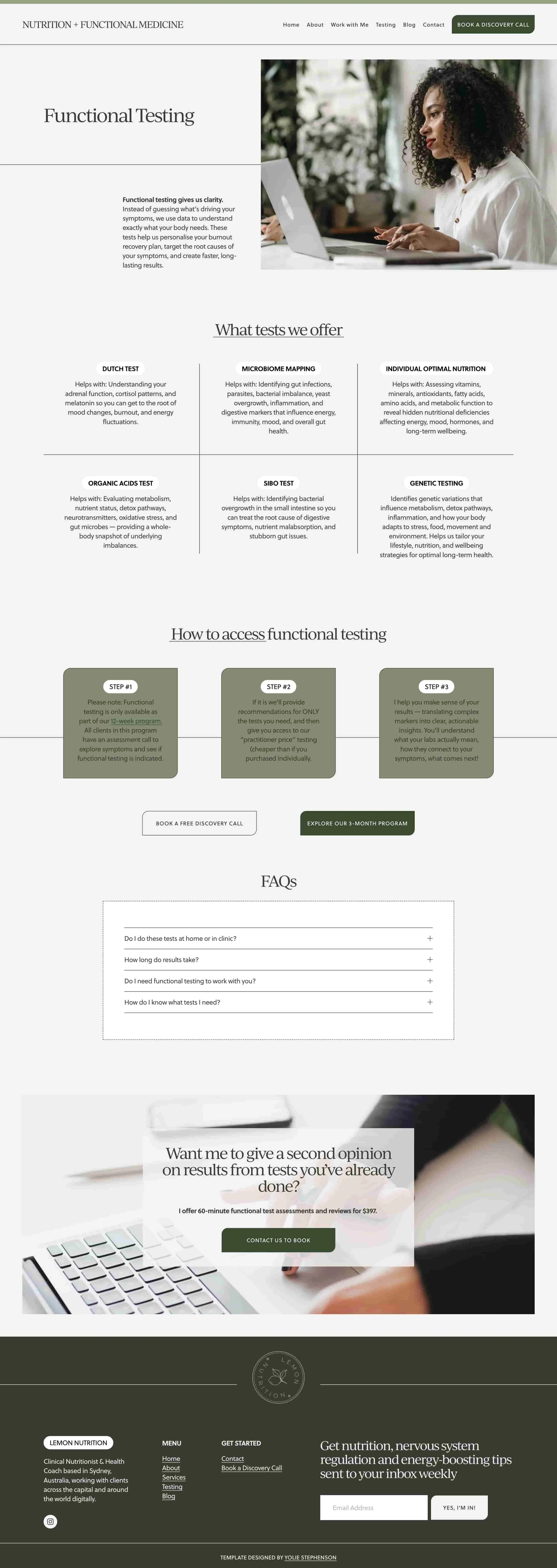 Screenshot of a Squarespace Website Design for Nutritionists detailing functional testing services, FAQs, and a call-to-action for a second opinion.