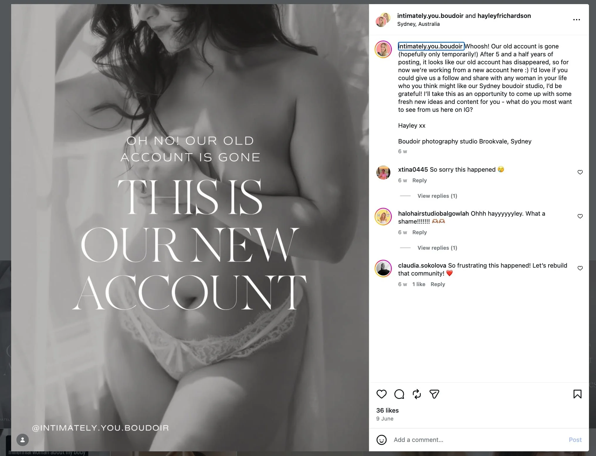 A woman in white lingerie poses behind translucent text announcing a new social media account for a boudoir photography studio.
