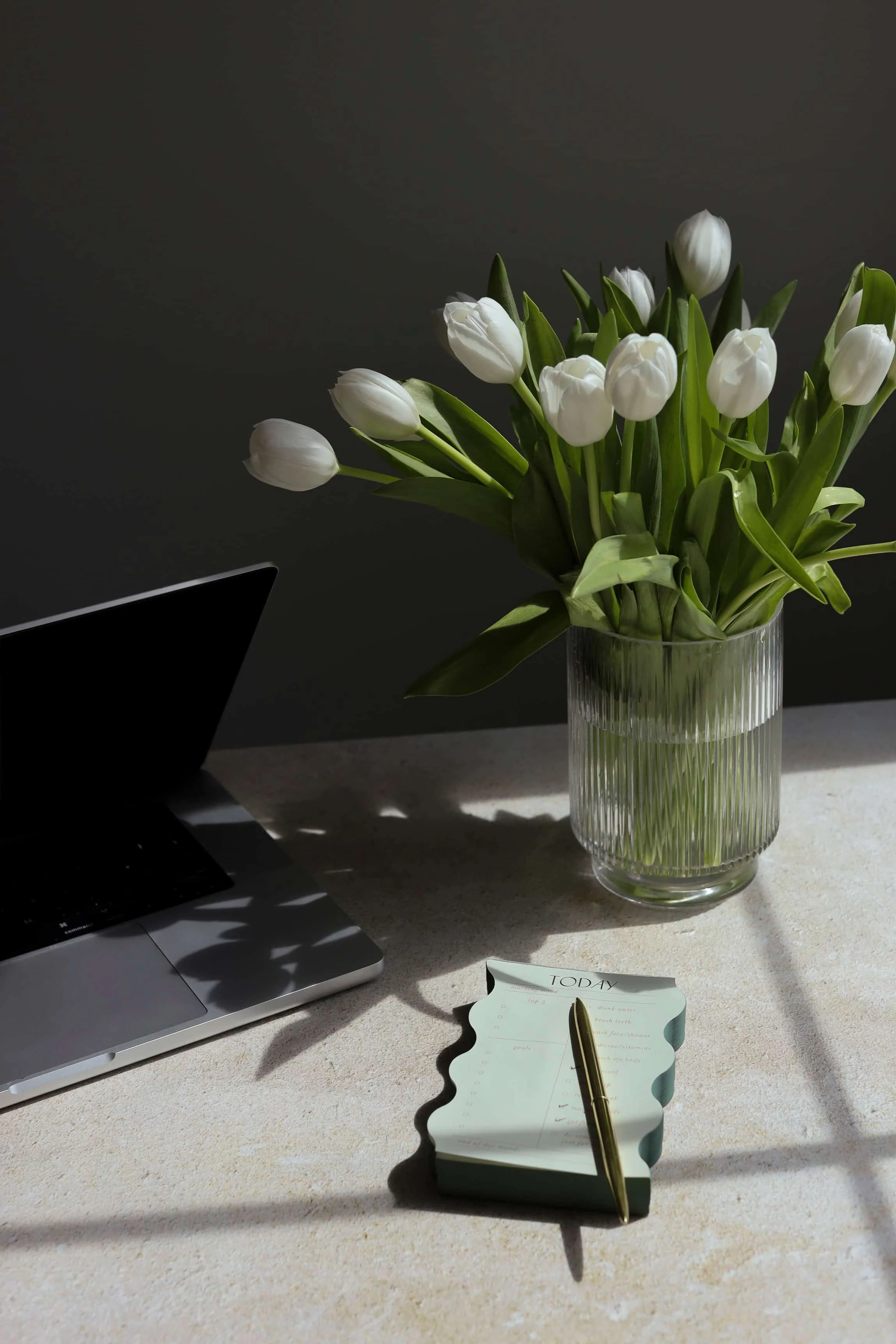 Laptop open on a concrete desktop with white tulips in a glass scandi style vase and a checklist with a list of health and wellness web design best practices