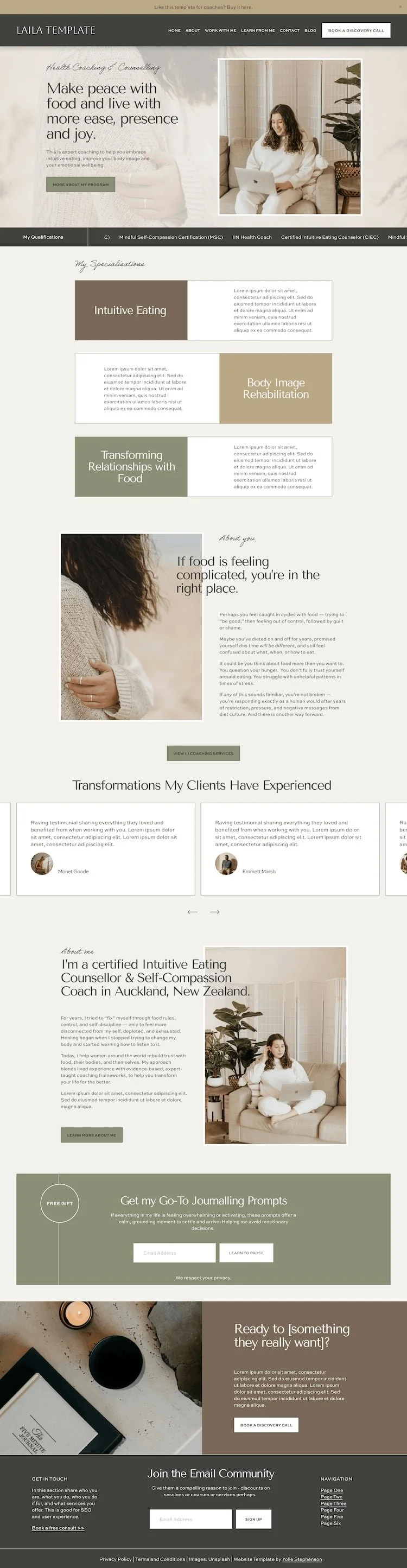 Health coach squarespace website template homepage with top header, services and specialisations, about section, testimonials and opt-in