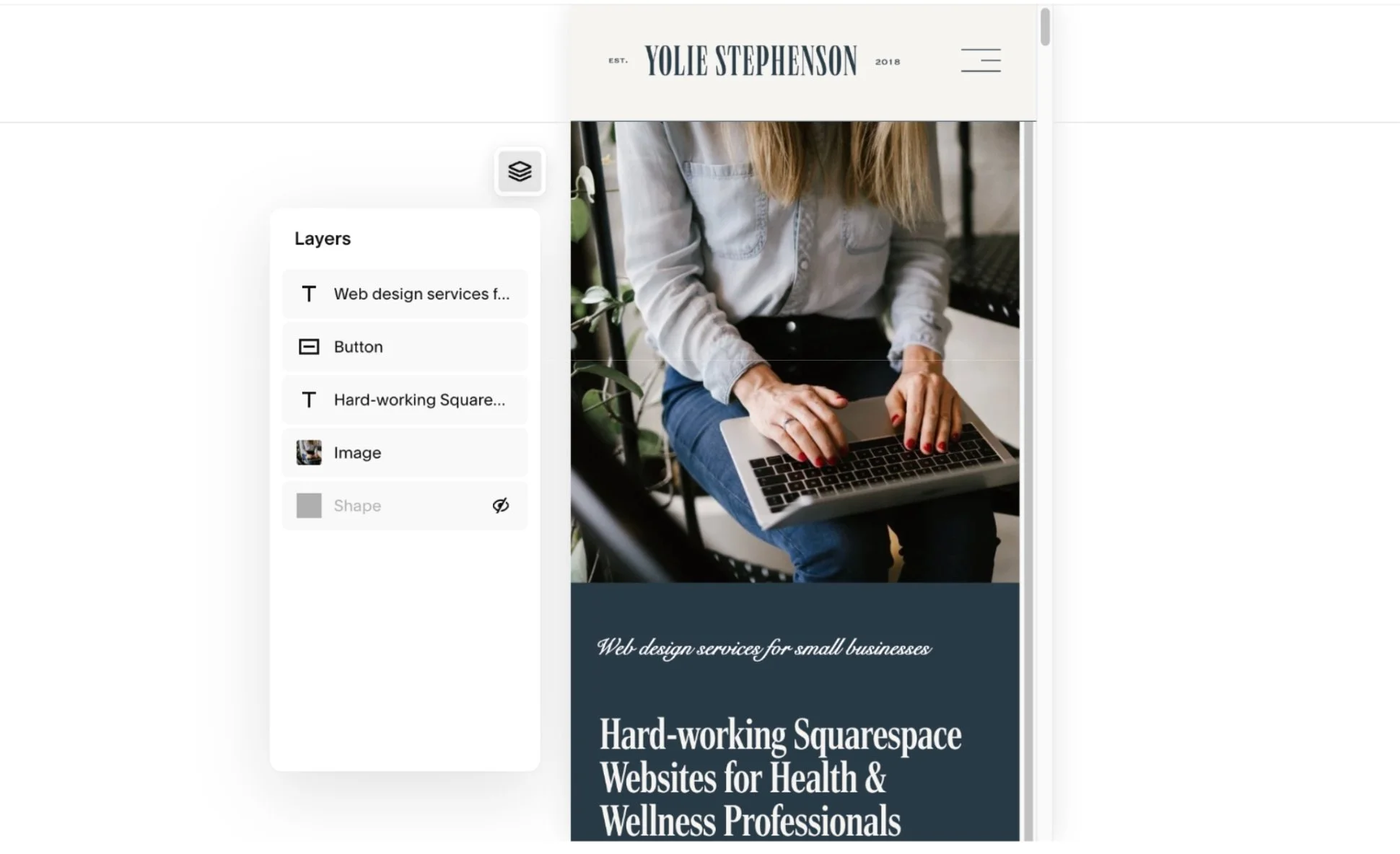 A person typing on a laptop, with a Squarespace Website Template for health professionals displayed on the screen. To the left are the layers of this Squarespace Website, which can be turned on or off in the mobile view