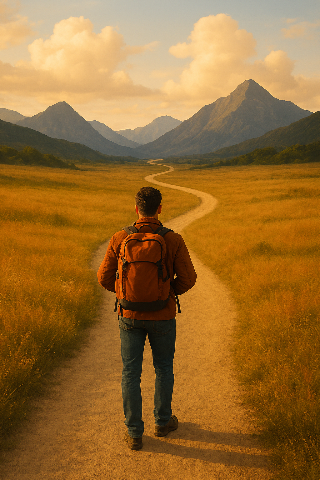 A man with a backpack walking on a dirt trail through a grassy field toward distant mountains under a partly cloudy sky.