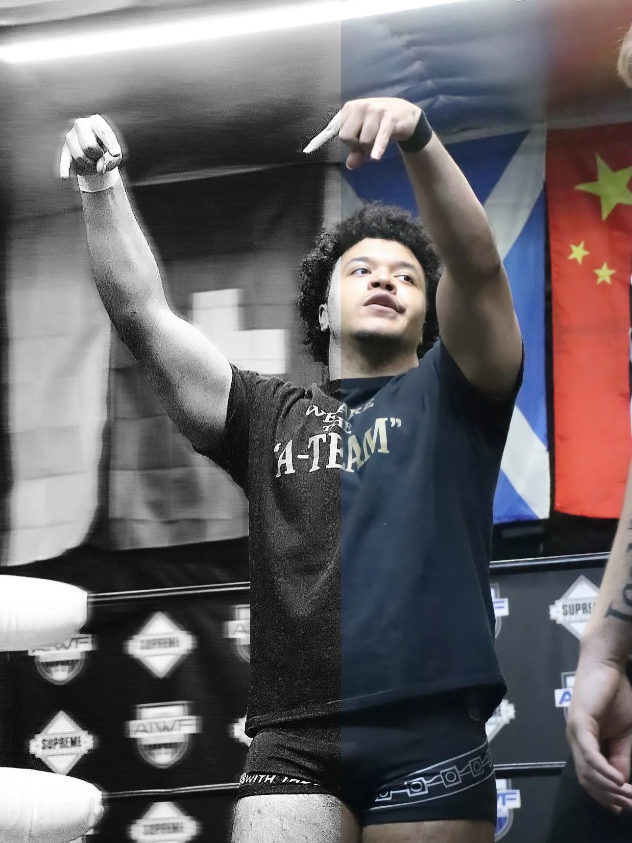 A young man with curly hair raises his right arm in a fist, standing in front of a colorful backdrop with flags. The image is divided into black and white on the left side and full color on the right side.
